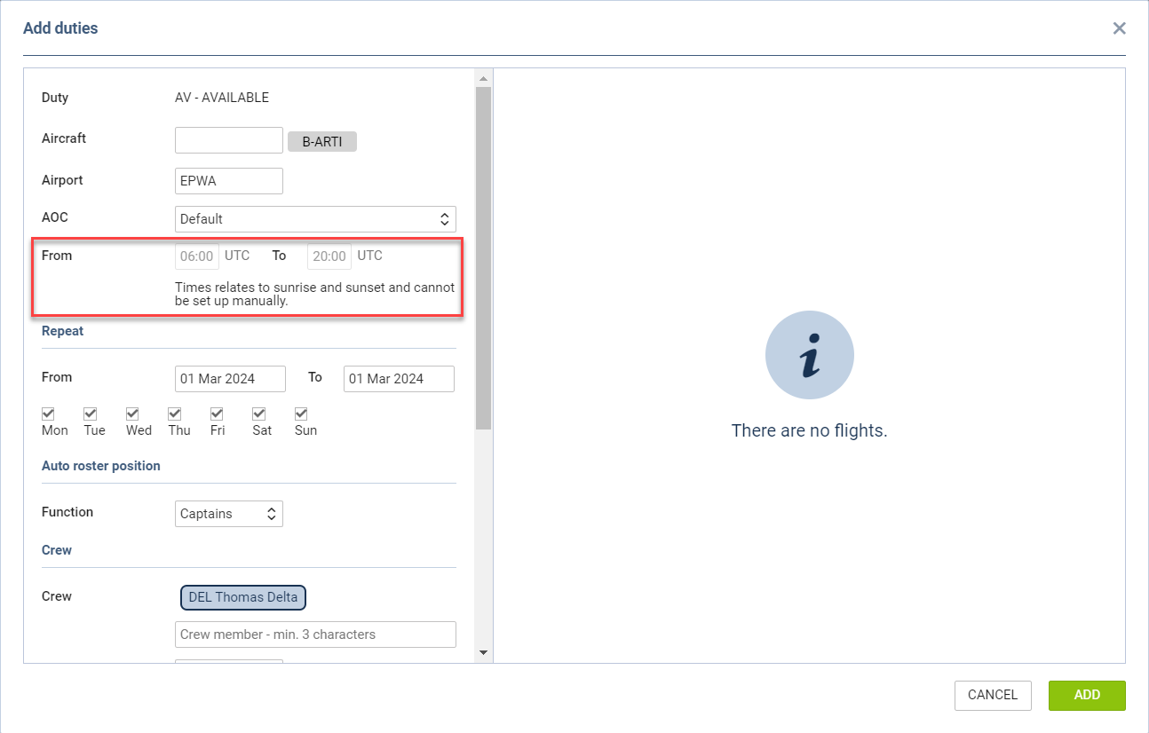 Adding duty with sunset and sunrise setting activated