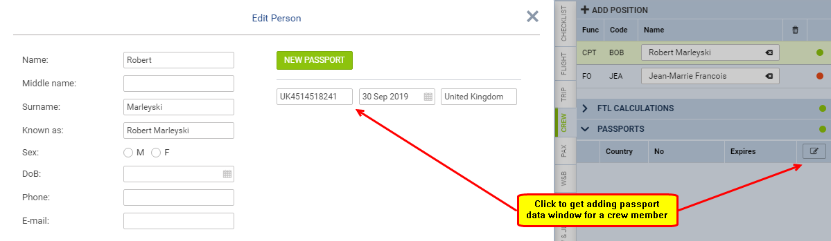 Adding passport data for the crew