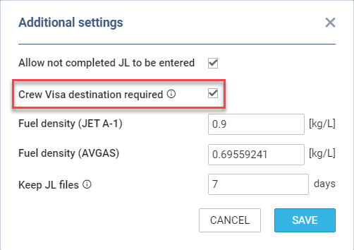 Crew Visa configuration in the JL additional settings