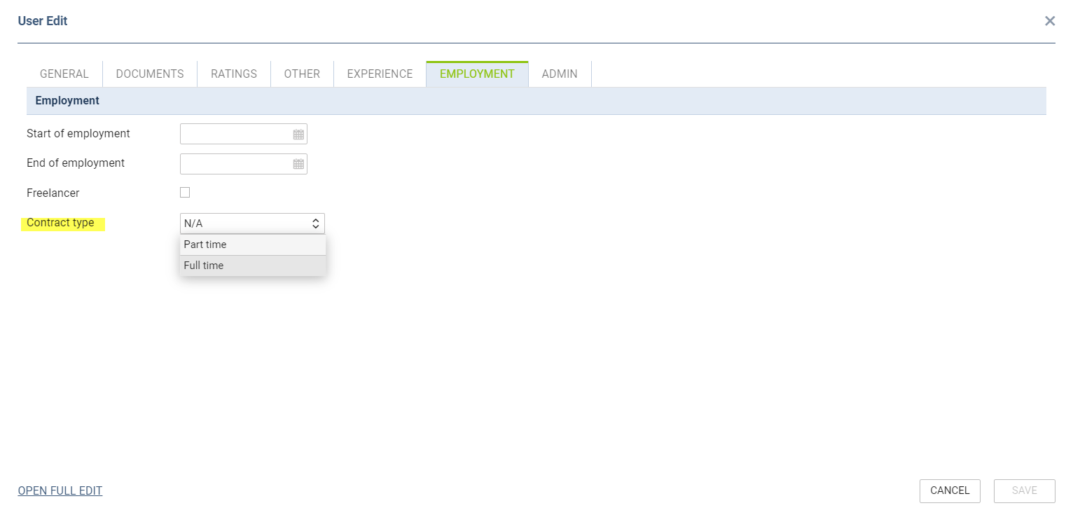 Contract type in EMPLOYMENT tab