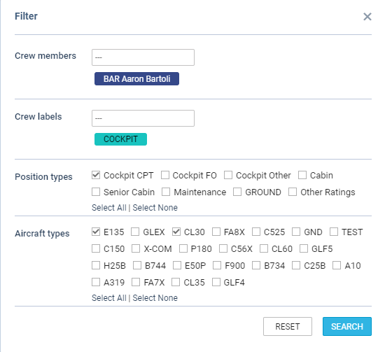 Crew Calendar filter