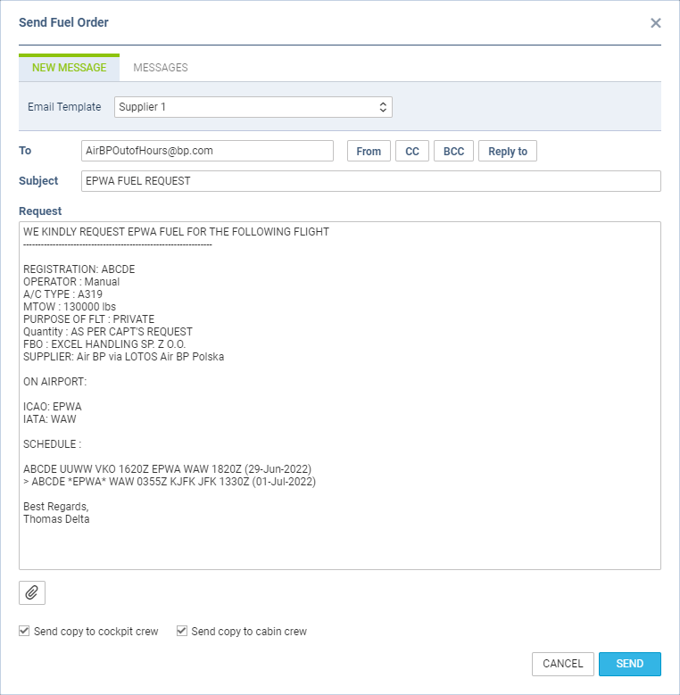 Fuel request email window
