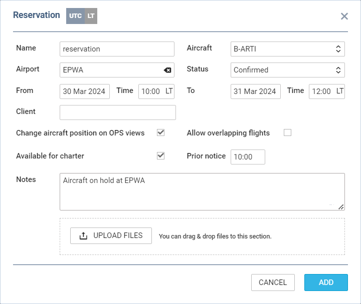 Adding an aircraft reservation