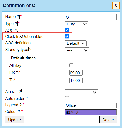 'Clock In&Out enabled' checkbox