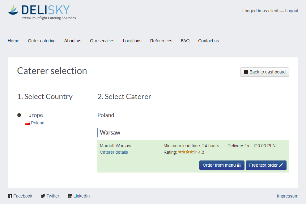 Caterer selection window in DeliSky