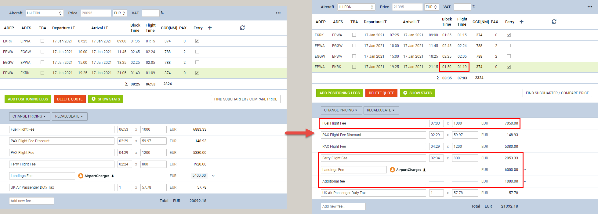 Itinerary recalculation