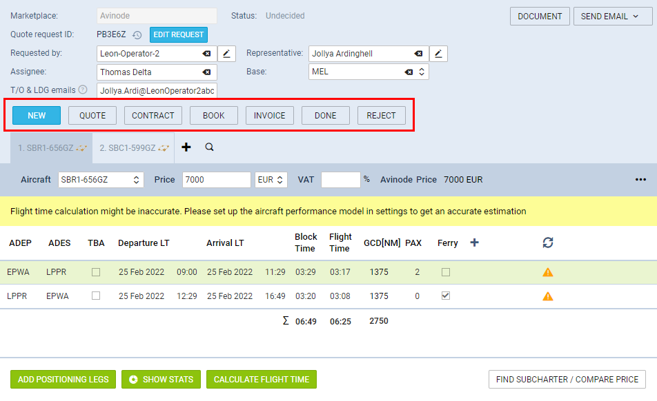 Statuses selected in the settings