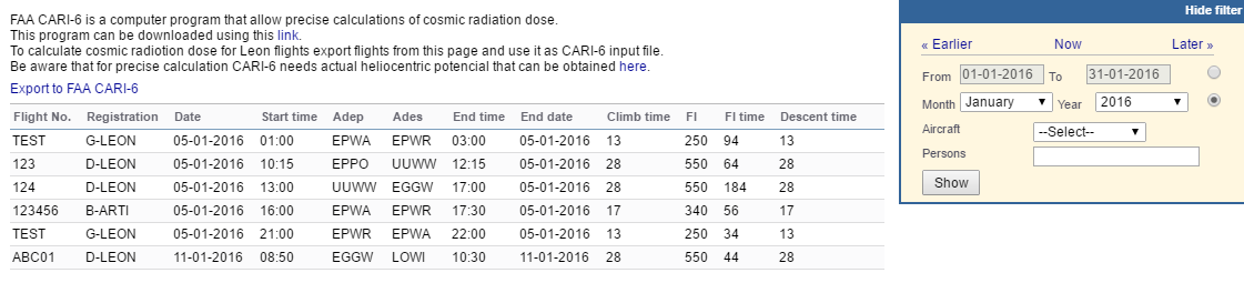 Report FAA CARI-6 for cosmic radiation calculations