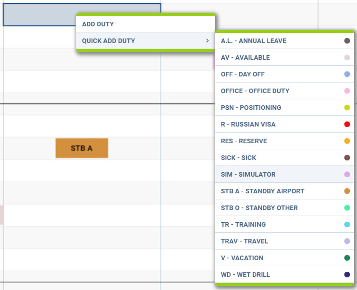 Adding a new duty from a 'QUICK ADD DUTY' panel