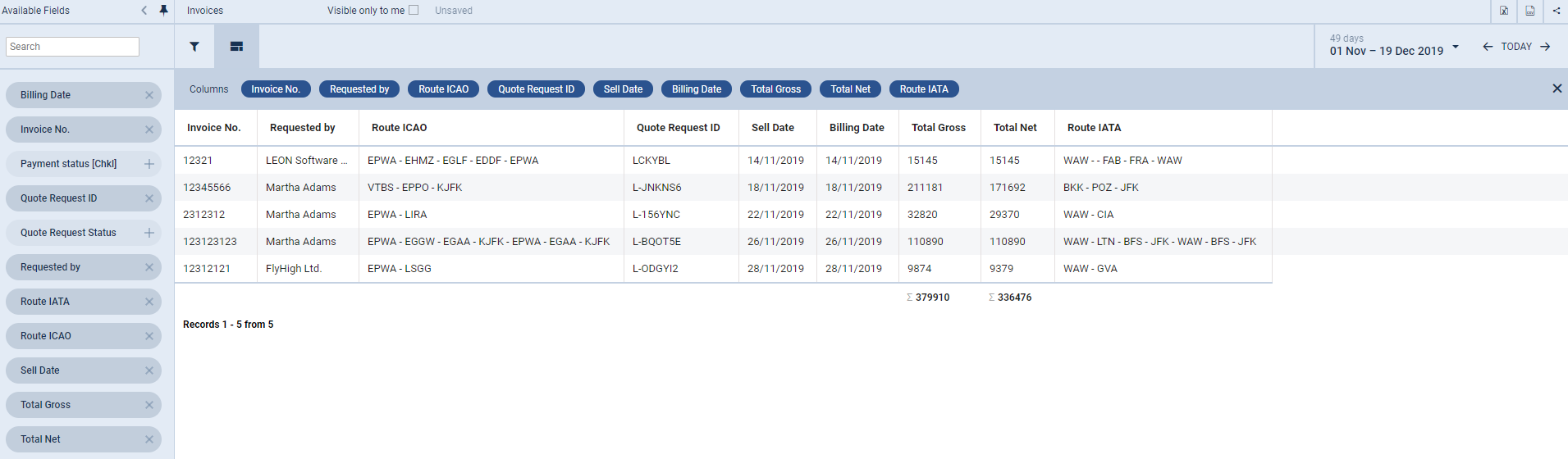 Invoices report generated from Wizard