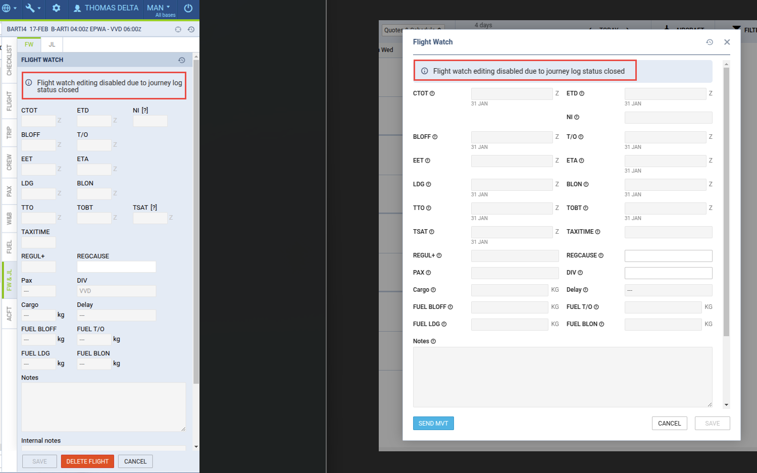 FW data is not editable in OPS and Bookings sections