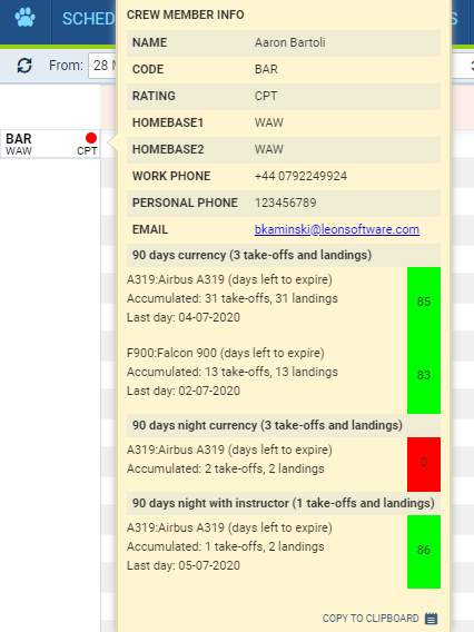 Crew currency status in Crew Panel