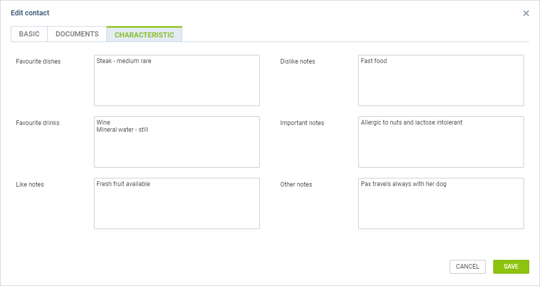 'Characteristics' tab