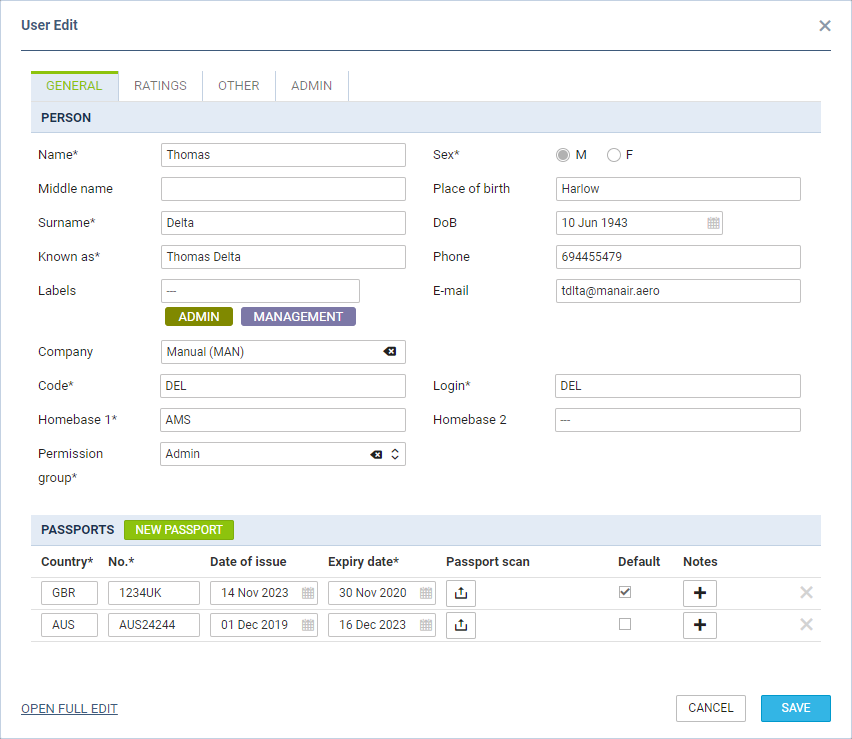User editing panel