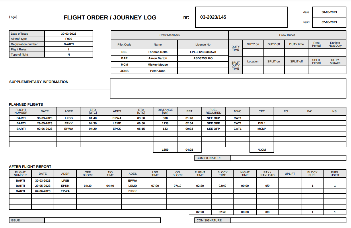 Flight Order - Template 1