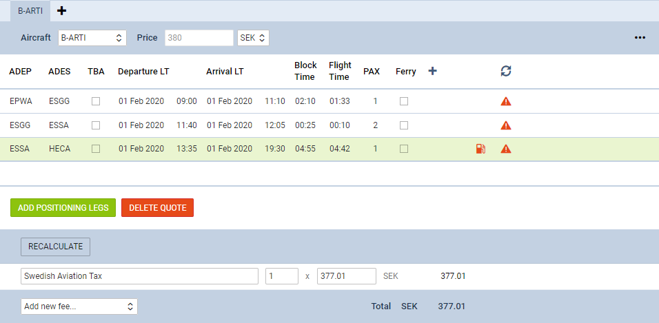 Calculation based on PAX number