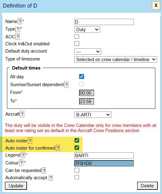 Defining duty on the aircraft for auto-rostering