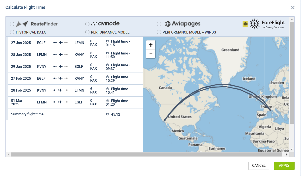 Flight time calculation from ForeFlight