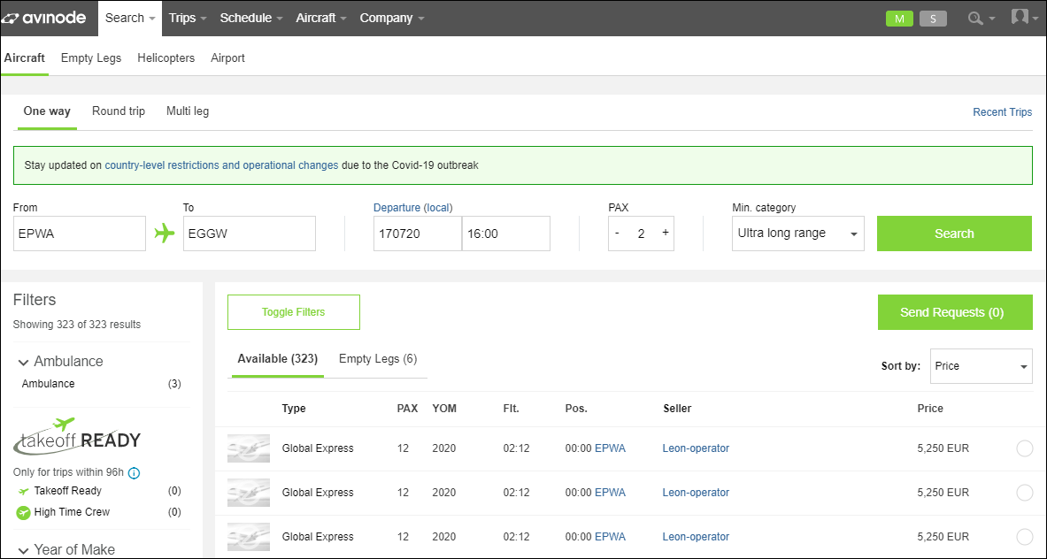 Search subchartes in Avinode