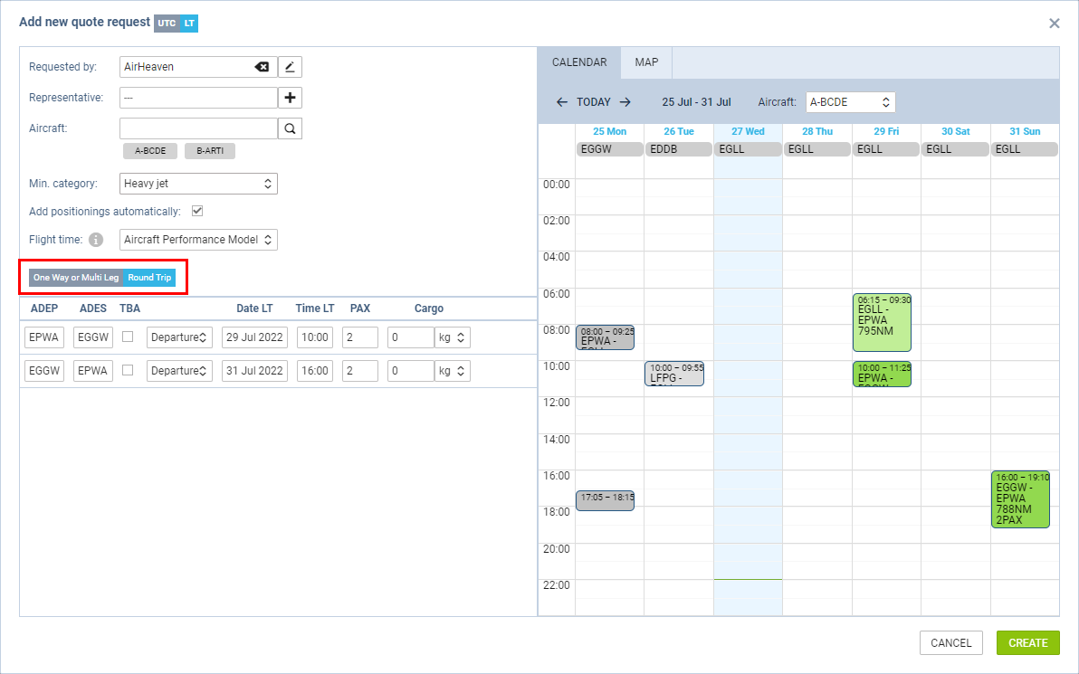 'One Way or Multi Leg' and 'Round Trip' options in 'New Quote'