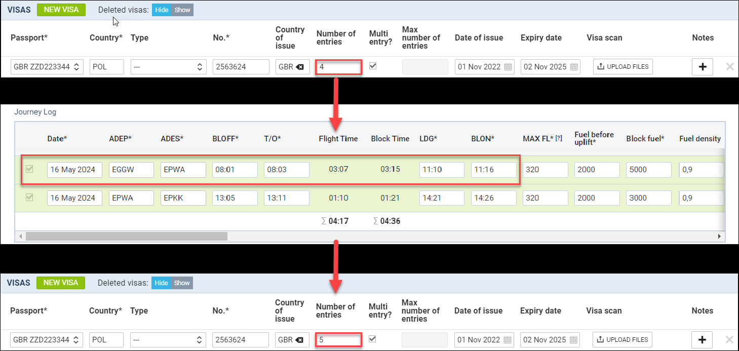 'Example of visa entries recalculation