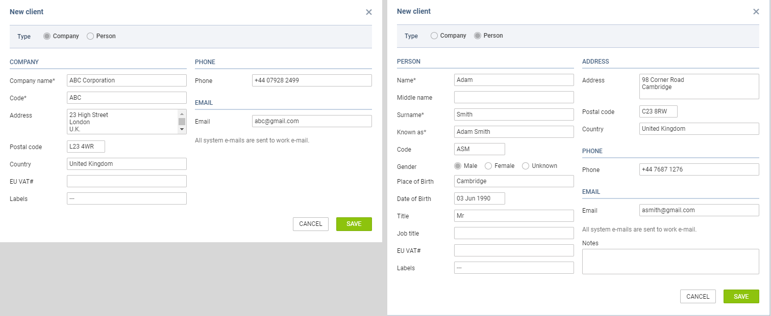 Adding a new client (company or person)