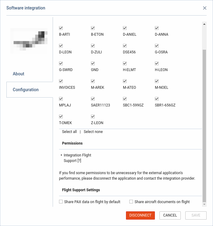 'Flight support type' integration configuration window