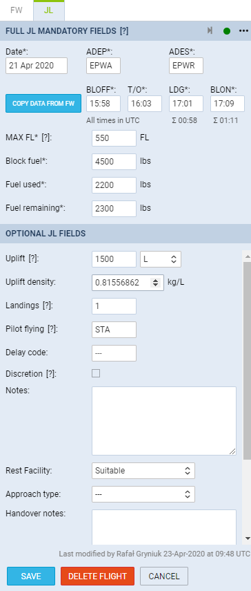 Journey Log - post-flight data input panel
