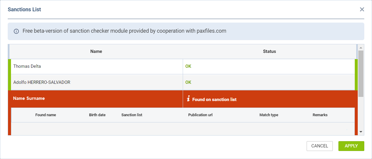 'Paxfiles' search results window
