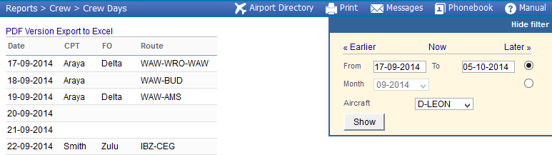 Report 'Crew Days' - CPT & FO routes flown in a selected period of time