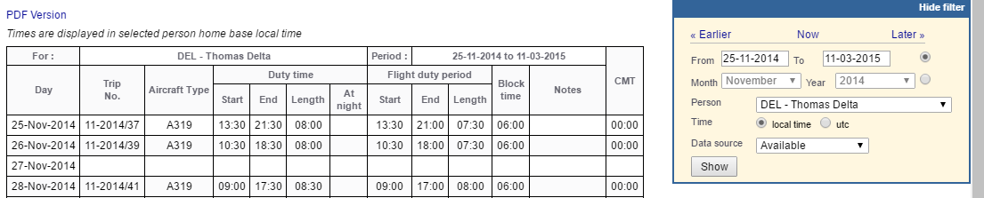 Report 'Work Time' - the view on crew trips, duty time, FDP, block time and CMT