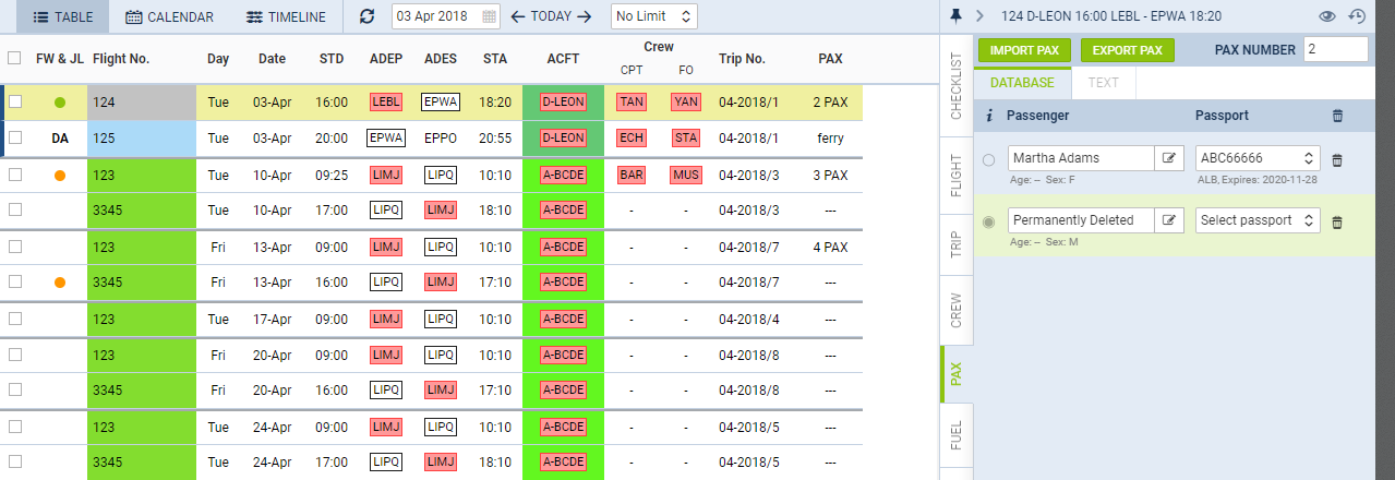 Deleted PAX - Schedule view