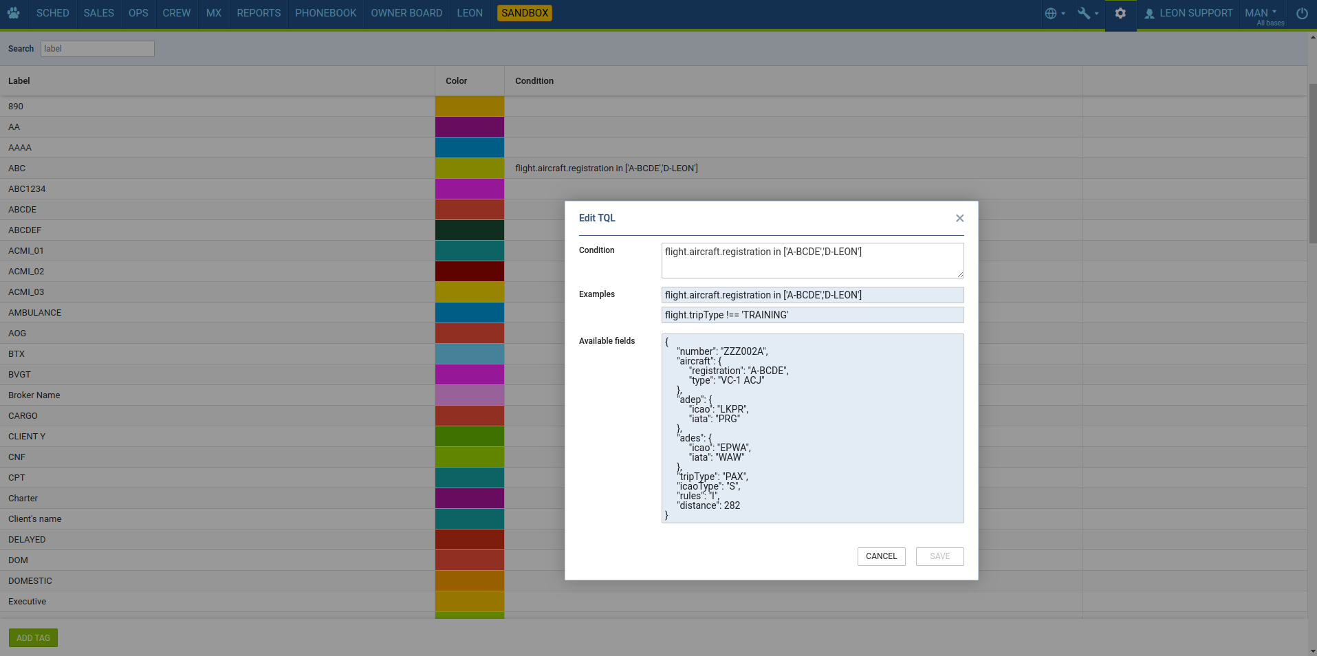 Tags configuration window