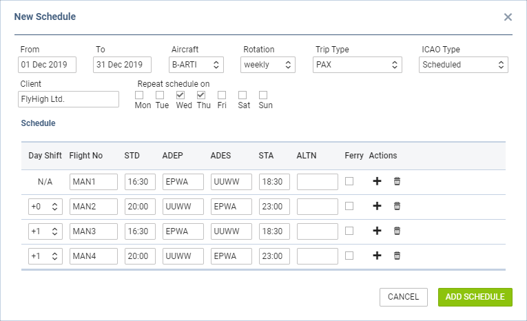'New Schedule' window