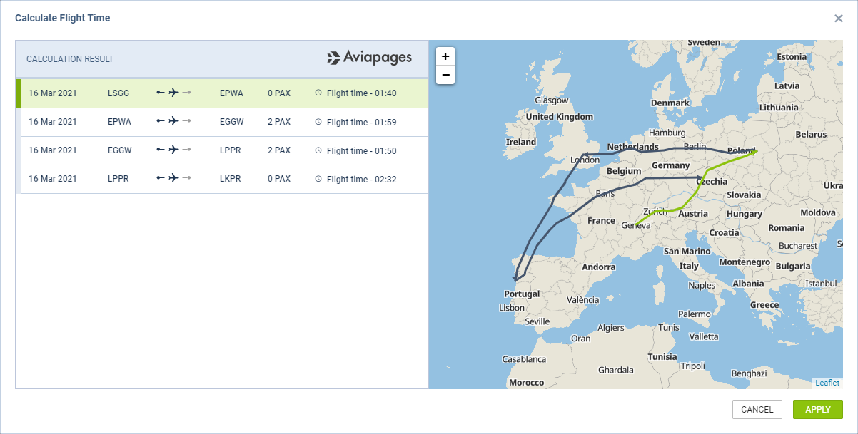 'Calculate Flight Time' pop-up window