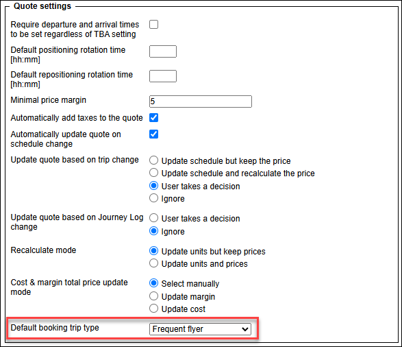 'Default booking trip type settings' in Sales module configuration