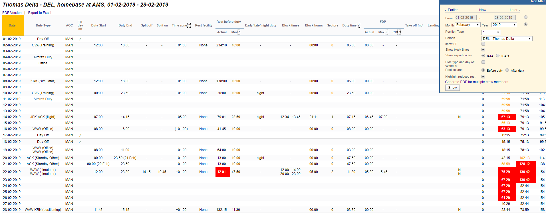 FTL Sheet report - all flights & other duties along with FTL calculations