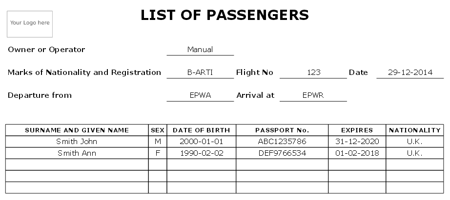 Manually added pax data on 'Pax Manifest' document
