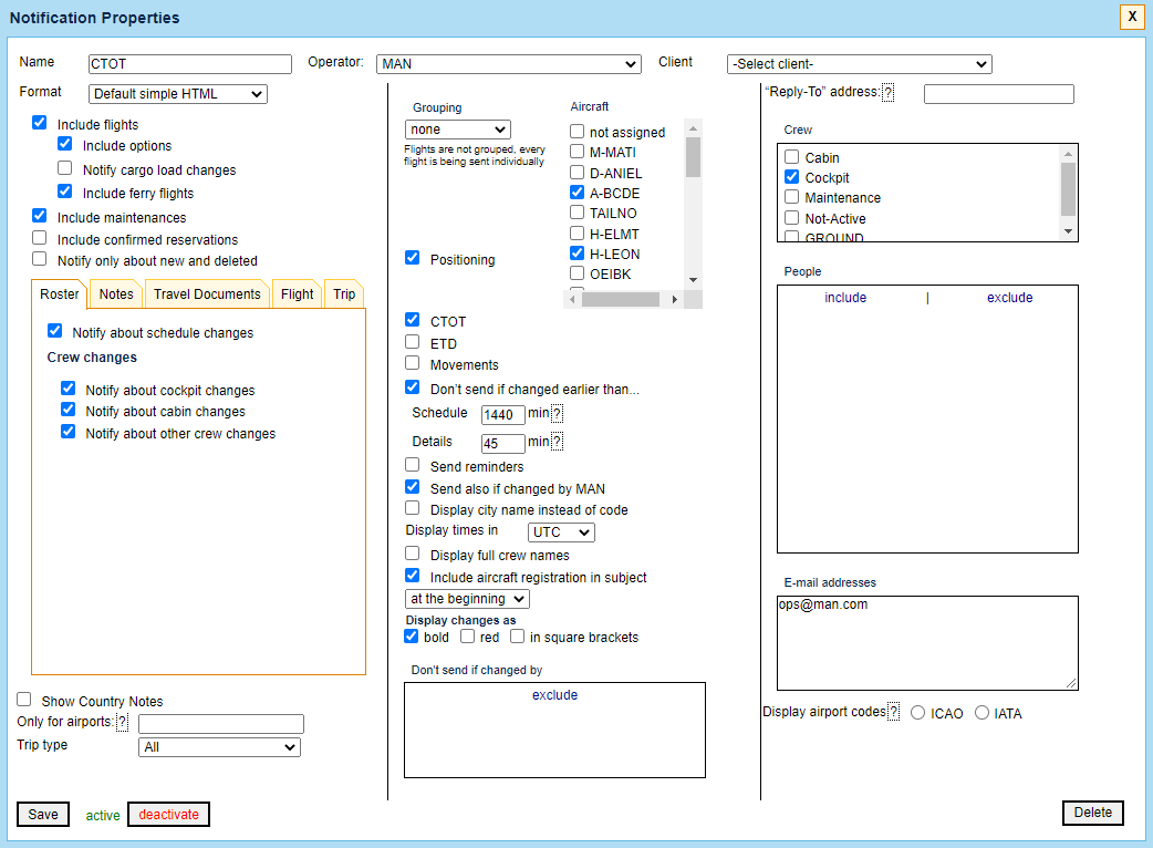 Notifications - defining sending emails regarding schedule changes, crew changes and more