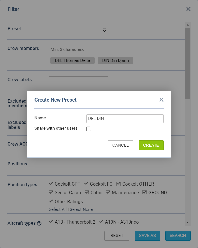 Creating new filter preset