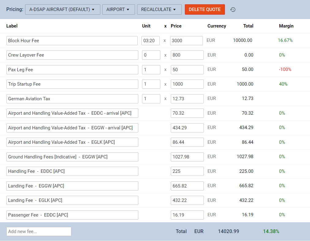 Aircraft & Airport fees in the quote
