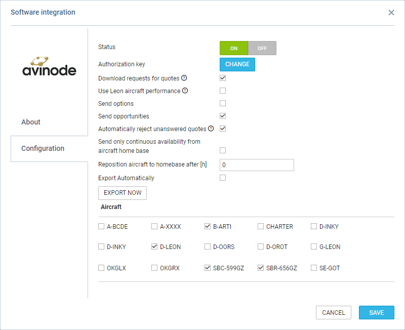 Avinode configuration panel