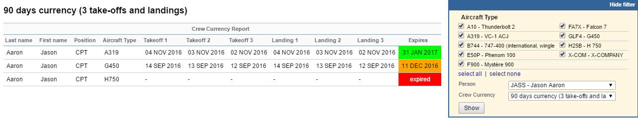 Report 'Crew Currency' - crew currency overview