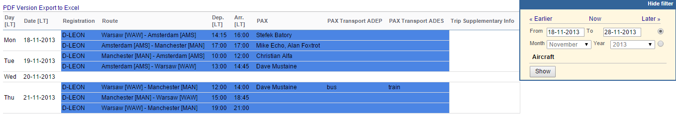 Report 'Schedule' - the view on flights with additional pax information from Legs Info section