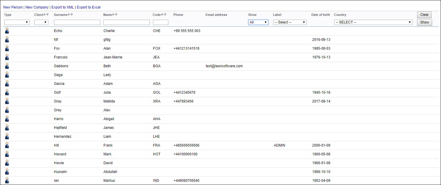 List of contacts in the Phonebook