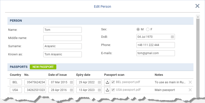 Passport section in Edit Person