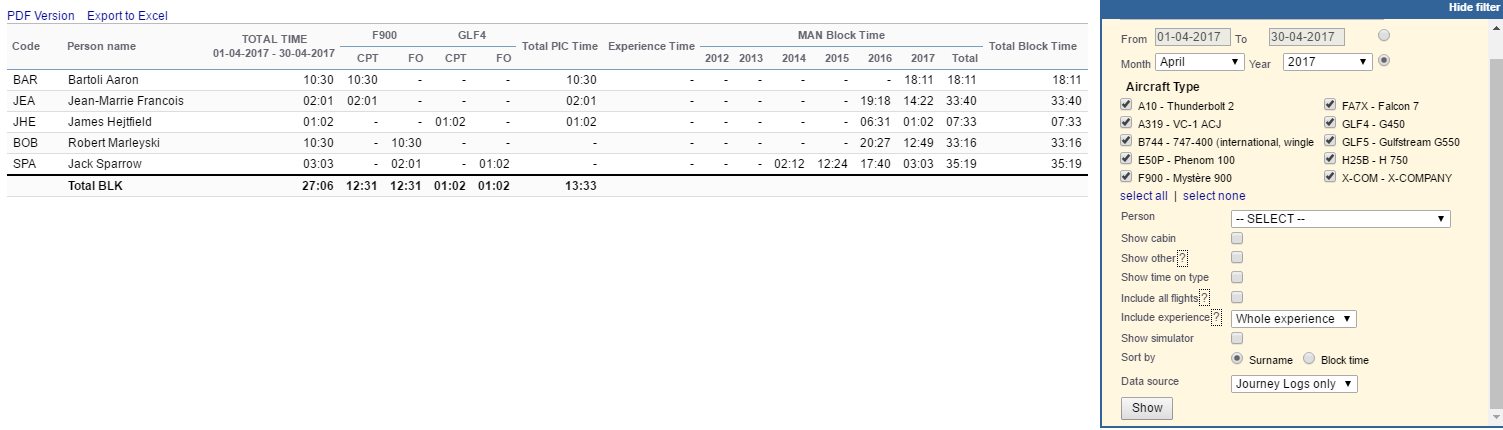 Report 'Crew block time' - including previous operators flying hours done by pilots