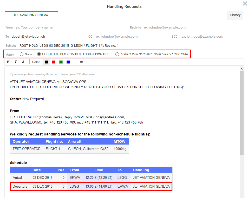 Option to match flights in Handling Requests