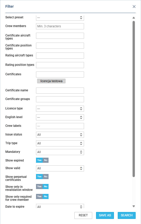 QUALIFICATIONS - the filter options