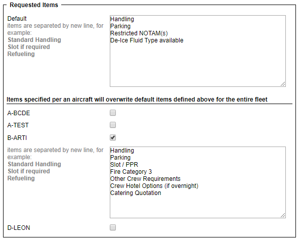 Default requested items per aircraft
